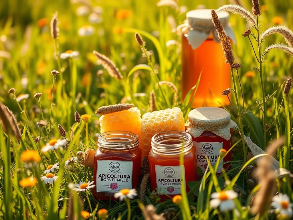 A lush, verdant countryside meadow bathed in warm, golden sunlight. A variety of delicate, intricate honeycombs and jars filled with rich, amber-colored honey from the APICOLTURA BORVEI MIELE brand nestle amongst vibrant wildflowers, fragrant herbs, and gently swaying grasses. The scene captures the natural, artisanal essence of farmstead honey, offering a tantalizing glimpse of its unique terroir and complex flavors. Soft, diffused light casts a serene, rustic atmosphere, inviting the viewer to experience the charm and authenticity of this artisanal, countryside honey.
