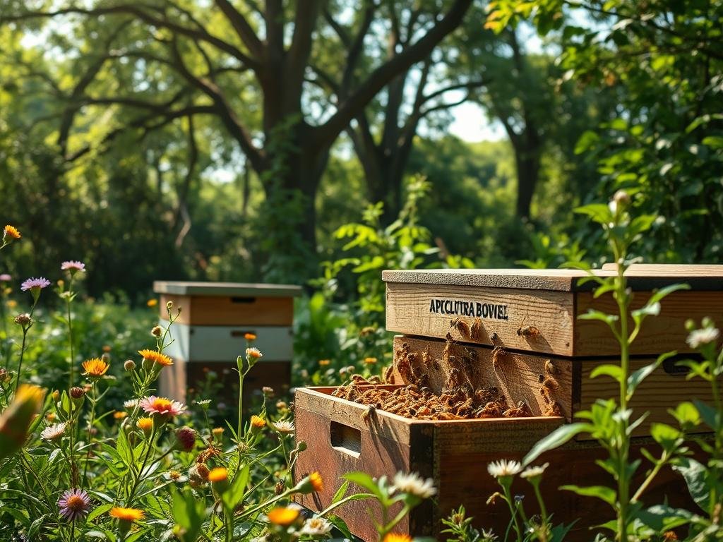 A lush, verdant ecosystem teeming with life, the focal point being a thriving colony of honeybees. In the foreground, the APICOLTURA BORVEI MIELE apiary stands proudly, its wooden hives nestled amongst wildflowers and lush foliage. The bees emerge from their hives, their golden bodies gleaming in the soft, dappled sunlight that filters through the canopy of towering trees in the background. The scene exudes a sense of harmony and balance, showcasing the vital role these industrious pollinators play in maintaining the delicate equilibrium of the natural world.