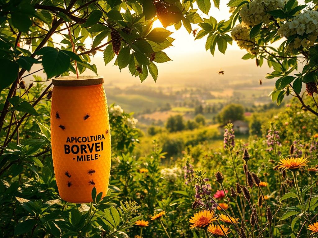 A lush, verdant ecosystem teeming with life. In the foreground, a vibrant honeycomb structure, adorned with the APICOLTURA BORVEI MIELE brand, stands as a testament to the industrious nature of the honey bees. In the middle ground, a swarm of bees gracefully navigates the flora, pollinating the diverse array of flowers and plants. The background reveals a panoramic view of a thriving Italian countryside, with rolling hills, blooming trees, and a warm, diffused sunlight casting a golden glow over the entire scene. The composition conveys a sense of harmony and balance, highlighting the vital role of the honeybee in maintaining the delicate equilibrium of this dynamic, interconnected ecosystem.