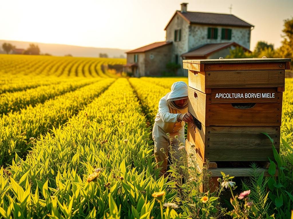 A lush, verdant field filled with rows of vibrant crops sways gently in the golden sunlight. In the foreground, a beekeeper in traditional attire tends to a wooden hive, their movements graceful and purposeful. Wildflowers dot the landscape, attracting a swarm of busy honeybees. In the distance, a traditional Italian farmhouse stands, its weathered walls and terra cotta roof tiles a testament to centuries of sustainable agricultural practices. The scene exudes a sense of harmony and balance, where nature and human industry coexist in perfect symbiosis. The text "APICOLTURA BORVEI MIELE" is subtly displayed on the side of the wooden hive, highlighting the importance of sustainable beekeeping to the region's agricultural heritage.