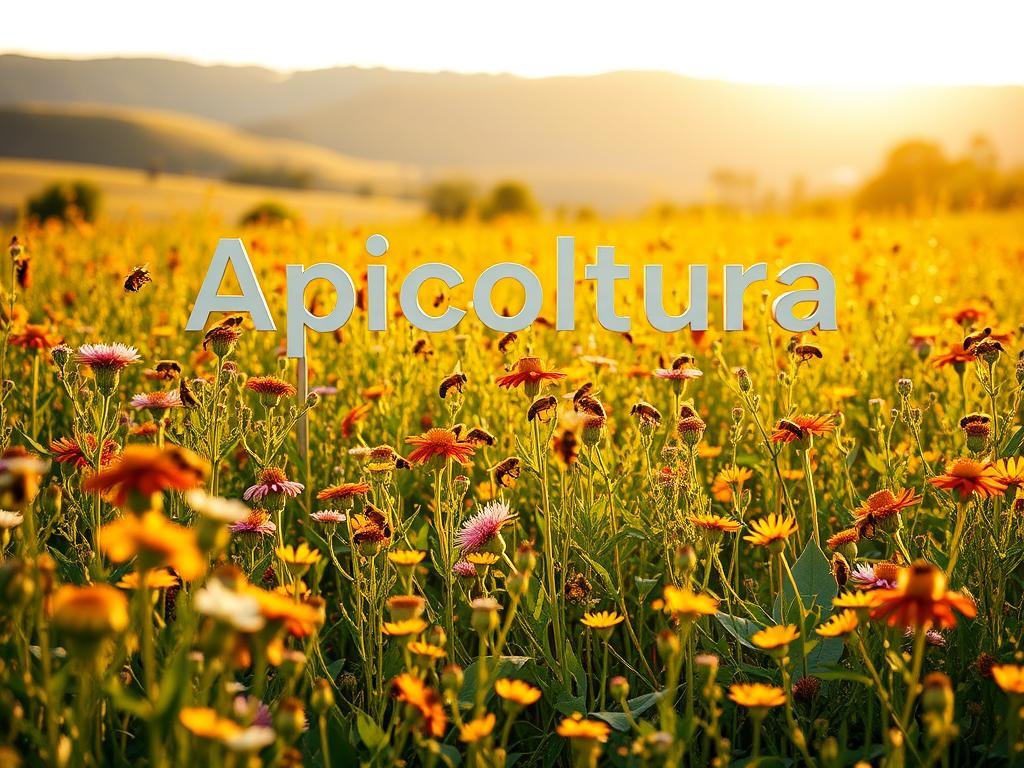 A lush, verdant field of vibrant wildflowers, with a modern, minimalist "Apicoltura" sign prominently displayed. The scene is bathed in soft, warm light, casting a golden glow over the bustling activity of honeybees pollinating the blooms. In the background, a distant, rolling hill landscape frames the serene, idyllic setting. The overall composition evokes a sense of harmony between nature and technology, reflecting the current state of apiculture and its challenges to innovate for the future.