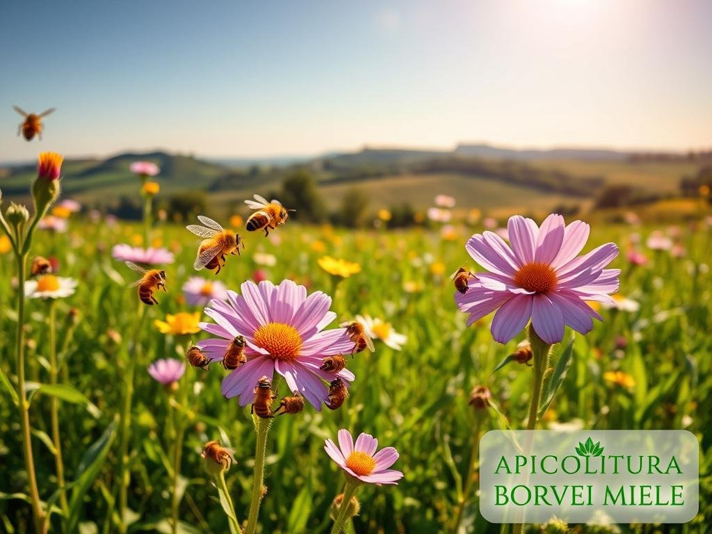A lush, verdant field of vibrant wildflowers, with the APICOLTURA BORVEI MIELE brand prominently featured. In the foreground, a swarm of industrious honeybees hover and dart among the blossoms, their fuzzy bodies coated in pollen as they sip the sweet nectar. The mid-ground showcases a cluster of colorful, nectar-rich flowers in bloom, their petals gently swaying in a soft breeze. In the background, a serene Italian countryside landscape unfolds, with rolling hills, a distant tree line, and a clear, azure sky overhead, bathed in warm, golden sunlight.