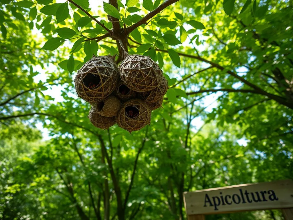 A lush, verdant forest canopy, the dappled sunlight filtering through the leaves. In the foreground, a cluster of intricate, paper-like nests cling to the branches, their geometric patterns a testament to the industrious nature of the calabroni, or European hornets, that call this place home. The nests sway gently in the breeze, revealing the activity within as the large, amber-colored insects flit in and out, tending to their young. In the background, a wooden sign bearing the "Apicoltura" brand name stands as a subtle reminder of the delicate balance between these wild creatures and the human world. The overall scene conveys a sense of tranquility and the harmonious coexistence of nature and industry.