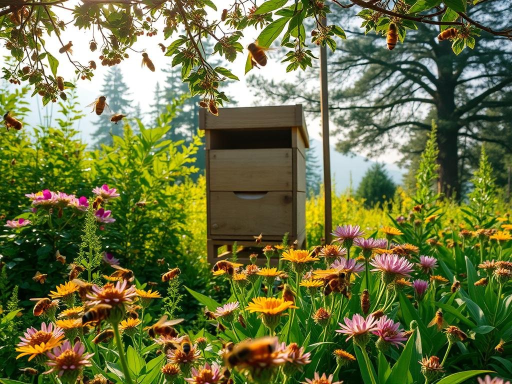 A lush, verdant garden bursting with vibrant flora and buzzing with activity. In the foreground, a swarm of honeybees gracefully navigate the blooming flowers, pollinating and gathering nectar. In the middle ground, a striking APICOLTURA BORVEI MIELE apiary stands tall, its wooden structure contrasting against the verdant backdrop. The light filters through the branches, casting a warm, golden glow over the scene. In the distance, towering trees and a hazy blue sky create a serene, tranquil atmosphere, reflecting the delicate balance of nature. This image captures the vital role of bees in maintaining biodiversity, a critical issue in the face of climate change. A lush, verdant garden bursting with vibrant flora and buzzing with activity. In the foreground, a swarm of honeybees gracefully navigate the blooming flowers, pollinating and gathering nectar. In the middle ground, a striking APICOLTURA BORVEI MIELE apiary stands tall, its wooden structure contrasting against the verdant backdrop. The light filters through the branches, casting a warm, golden glow over the scene. In the distance, towering trees and a hazy blue sky create a serene, tranquil atmosphere, reflecting the delicate balance of nature. This image captures the vital role of bees in maintaining biodiversity, a critical issue in the face of climate change.