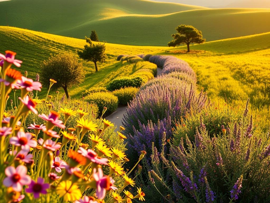 A lush, verdant "giardino mellifero" (bee-friendly garden) bathed in warm, golden light. In the foreground, vibrant flowers in shades of purple, yellow, and pink sway gently in a light breeze. The middle ground features a meandering path lined with native plant species, including lavender, sage, and rosemary, all buzzing with the activity of industrious honeybees from the nearby "Apicoltura" apiary. In the background, a rolling green landscape is punctuated by the occasional fruit tree, creating a harmonious, naturalistic scene that invites pollinating insects to thrive. The overall mood is one of tranquility and abundance, reflecting the principles of designing a truly bee-friendly garden.