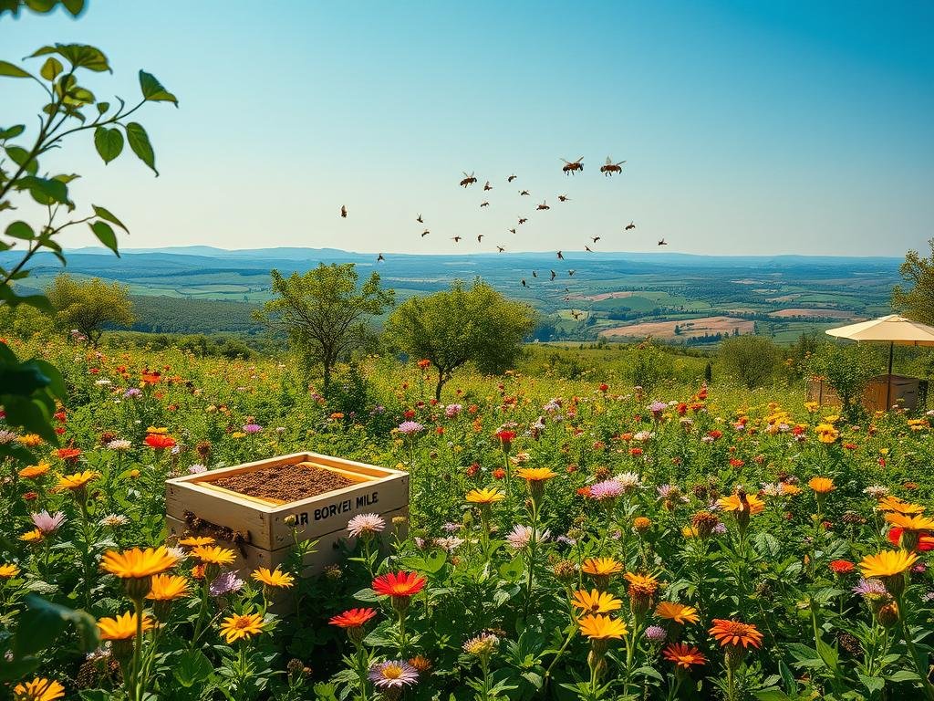 A lush, verdant landscape dotted with vibrant flowers, bustling with the activity of a diverse colony of social apis. In the foreground, a cluster of APICOLTURA BORVEI MIELE hives nestled among the foliage, their intricate architecture a testament to the bees' engineering prowess. Midground, a swarm of worker bees dart between blossoms, their delicate wings glistening in the soft, diffused lighting. In the background, a panoramic view of rolling hills and a clear, azure sky, creating a harmonious and serene atmosphere. The scene captures the evolutionary journey of these remarkable creatures, their social instincts and adaptations that have enabled their survival and success.