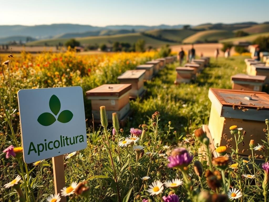 A lush, verdant landscape filled with vibrant wildflowers and thriving beehives. The camera angle is slightly elevated, capturing the intricate details of the honeybees' activities around the hives. The lighting is soft and natural, casting a warm glow on the scene. In the foreground, a large "Apicoltura" logo stands prominently, highlighting the importance of beekeeping. The middle ground features rows of traditional Italian-style beehives, each one a testament to the artisanal nature of the craft. In the background, rolling hills and a clear blue sky provide a serene backdrop, reflecting the harmony between nature and the diligent work of the bees. The overall mood is one of tranquility, sustainability, and the vital role of bees in maintaining a healthy ecosystem.