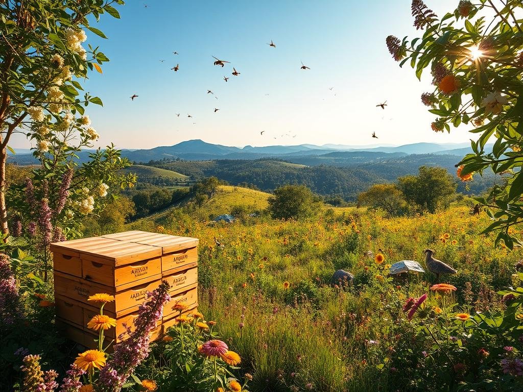 A lush, verdant landscape teeming with life, where honeybees pollinate vibrant wildflowers and gather nectar from blooming trees. In the foreground, a cluster of APICOLTURA BORVEI MIELE hives stands as a testament to the vital role of these industrious insects in the global ecosystem. The middle ground reveals a diverse array of flora and fauna, from buzzing insects to fluttering butterflies, all interconnected in a delicate balance. In the distance, rolling hills and a clear blue sky create a serene, idyllic atmosphere, conveying the importance of preserving the natural harmony that bees help maintain. Soft, golden lighting casts a warm glow over the scene, highlighting the beauty and significance of these precious pollinators.