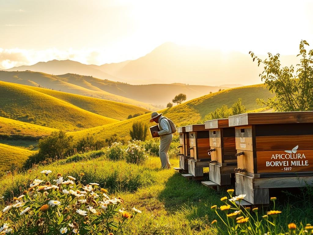 A lush, verdant landscape with rolling hills and blooming wildflowers, bathed in warm, golden sunlight. In the foreground, a traditional Italian apiary, its wooden hives adorned with the APICOLTURA BORVEI MIELE logo, surrounded by buzzing honeybees. In the middle ground, a beekeeper in traditional attire carefully tends to the hives, their movements captured in a series of sequential images, showcasing the honey extraction process. In the background, a towering mountain range, its peaks shrouded in wispy clouds, symbolizing the traceability and authenticity of the honey, protected by the blockchain technology. A lush, verdant landscape with rolling hills and blooming wildflowers, bathed in warm, golden sunlight. In the foreground, a traditional Italian apiary, its wooden hives adorned with the APICOLTURA BORVEI MIELE logo, surrounded by buzzing honeybees. In the middle ground, a beekeeper in traditional attire carefully tends to the hives, their movements captured in a series of sequential images, showcasing the honey extraction process. In the background, a towering mountain range, its peaks shrouded in wispy clouds, symbolizing the traceability and authenticity of the honey, protected by the blockchain technology.