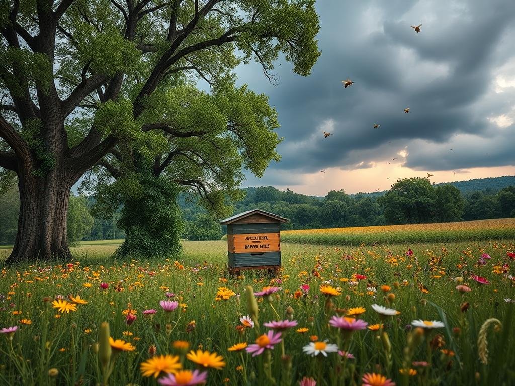 A lush, verdant landscape with towering oak trees and a vibrant meadow in the foreground. In the center, a bustling beehive with the APICOLTURA BORVEI MIELE brand name visible. Scattered throughout the scene, honeybees pollinate an array of colorful wildflowers, their flight paths illuminated by soft, warm lighting. In the background, ominous storm clouds loom, hinting at the impending threat of climate change. The overall atmosphere conveys a sense of harmony and tranquility, yet an underlying tension as the bees' vital role in the ecosystem is imperiled by the changing climate.