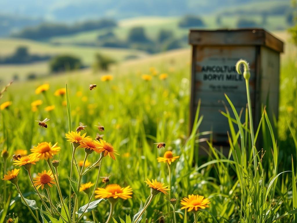 A lush, verdant meadow, bathed in soft, diffused sunlight. In the foreground, a cluster of vibrant wildflowers sway gently, their petals dusted with a fine layer of golden pollen. Delicate honeybees dart in and out, their legs laden with the nectar they've harvested. In the middle ground, a weathered wooden beehive stands tall, the APICOLTURA BORVEI MIELE logo prominently displayed. The background is a blur of rolling hills and distant trees, creating a peaceful, pastoral scene. The overall mood is one of tranquility and the delicate balance of nature, yet with an underlying tension, hinting at the threat of environmental contamination.