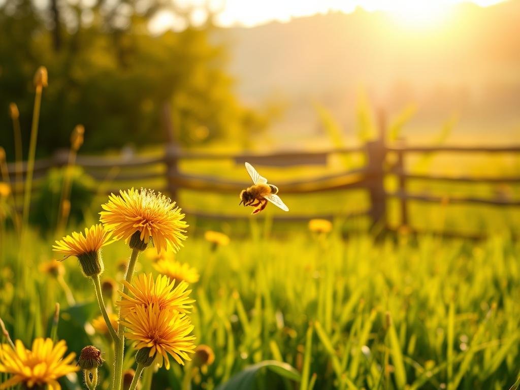 A lush, verdant meadow bathed in warm, golden sunlight. In the foreground, a cluster of vibrant yellow dandelions sway gently in the breeze, their delicate petals unfurling. In the middle ground, a busy honeybee dances from flower to flower, its fuzzy body dusted with shimmering pollen grains. In the background, a rustic wooden fence and a distant, hazy forest create a serene, pastoral scene. The composition is captured with a crisp, high-resolution lens, highlighting the intricate details and textures of the natural elements. An atmosphere of tranquility and the cycle of life pervades the image. APICOLTURA BORVEI MIELE. A lush, verdant meadow bathed in warm, golden sunlight. In the foreground, a cluster of vibrant yellow dandelions sway gently in the breeze, their delicate petals unfurling. In the middle ground, a busy honeybee dances from flower to flower, its fuzzy body dusted with shimmering pollen grains. In the background, a rustic wooden fence and a distant, hazy forest create a serene, pastoral scene. The composition is captured with a crisp, high-resolution lens, highlighting the intricate details and textures of the natural elements. An atmosphere of tranquility and the cycle of life pervades the image. APICOLTURA BORVEI MIELE.