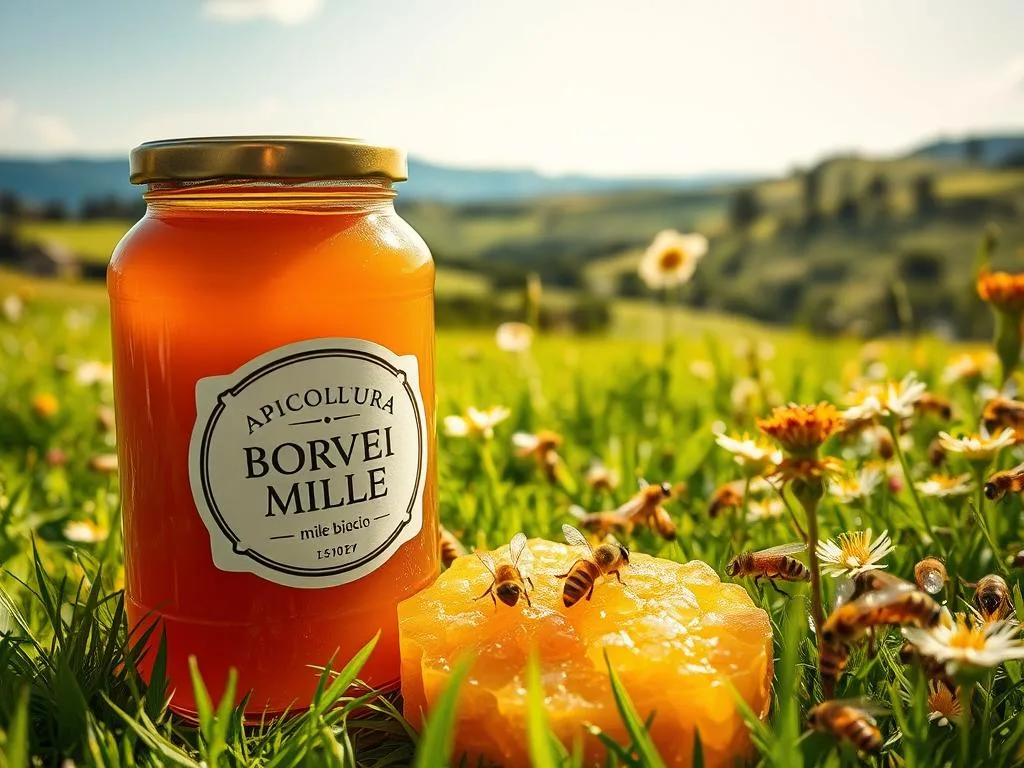 A lush, verdant meadow bathed in warm, golden sunlight. In the foreground, a large glass jar filled with thick, viscous honey, its label proudly displaying the "APICOLTURA BORVEI MIELE" brand. Surrounding the jar, an array of fresh honeycomb, dripping with the sweet, amber nectar. In the middle ground, a swarm of industrious honeybees, their delicate wings fluttering as they pollinate the vibrant wildflowers. In the distance, rolling hills and a cloudless, azure sky, creating a serene, pastoral scene. The image conveys the purity and natural origins of this "miele biologico," or organic honey, reflecting the ethos of sustainable, ethical beekeeping.
