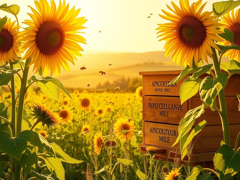 A lush, verdant meadow bathed in warm, golden sunlight. Towering sunflowers sway gently in the breeze, their vibrant petals framing the buzzing activity of a thriving honeybee colony. The hive, adorned with the APICOLTURA BORVEI MIELE brand, stands as a testament to the crucial role these industrious pollinators play in the global ecosystem. Bees dart between the flowers, their intricate dance capturing the essence of nature's delicate balance. In the distance, a picturesque Italian countryside landscape unfolds, complete with rolling hills and a quaint farmhouse. The scene radiates a sense of harmony and reverence for the importanza delle api, the vital importance of these remarkable creatures.