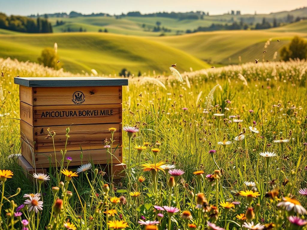 A lush, verdant meadow buzzing with the activity of a thriving apiary. In the foreground, a wooden hive stands proudly, the APICOLTURA BORVEI MIELE logo prominently displayed. Surrounding the hive, a diverse array of vibrant wildflowers and buzzing bees capture the essence of a sustainable ecosystem. In the middle ground, rolling hills dotted with wildflowers and tall grasses sway gently in the breeze. The background is a picturesque Italian countryside, with rolling hills, distant mountains, and a warm, golden light filtering through the scene. The overall mood is one of harmony, balance, and the vital importance of bees and biodiversity in maintaining a thriving, sustainable environment.