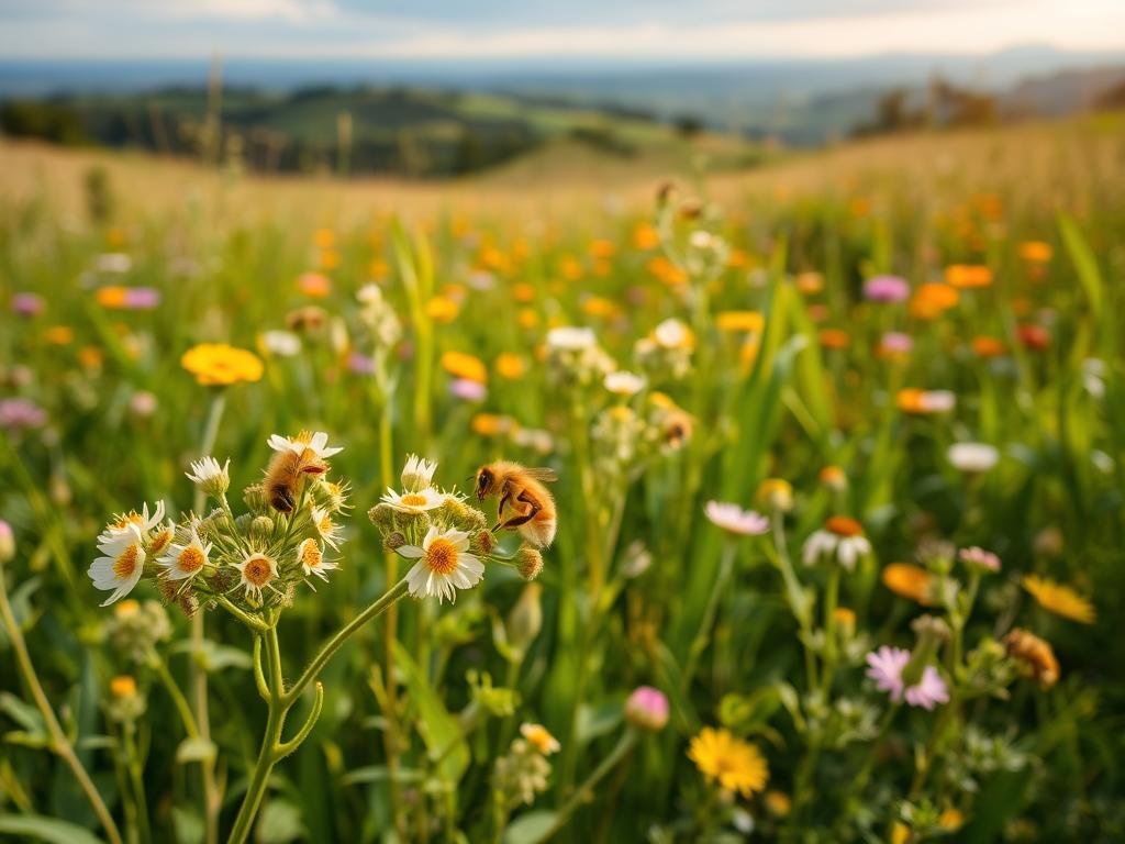 A lush, verdant meadow filled with a vibrant array of wildflowers and plants, providing a vital habitat for a thriving colony of honeybees. In the foreground, a cluster of delicate, nectar-rich blossoms sway gently in the breeze, their petals illuminated by soft, warm lighting. In the middle ground, the busy, buzzing activity of the APICOLTURA BORVEI MIELE apiary comes into focus, showcasing the intricate dance of the industrious pollinators as they flit from flower to flower. The background is a picturesque landscape, with rolling hills and a distant horizon, creating a sense of depth and tranquility. The overall scene conveys the crucial role that these delicate, yet essential, creatures play in maintaining the delicate balance of the ecosystem.