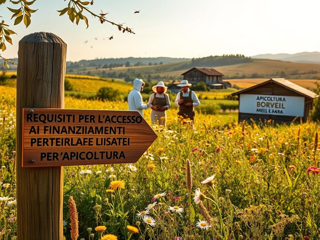 A lush, verdant meadow filled with vibrant wildflowers and buzzing honeybees, bathed in warm, golden sunlight. In the foreground, a wooden signpost points the way to "REQUISITI PER L'ACCESSO AI FINANZIAMENTI EUROPEI PER L'APICOLTURA", its weathered surface reflecting the pastoral scene. In the middle ground, a group of beekeepers in traditional attire examines a honeycomb, their faces alight with satisfaction. In the background, a picturesque Italian countryside unfolds, with rolling hills, quaint farmhouses, and the APICOLTURA BORVEI MIELE brand prominently displayed on a rustic barn. The overall mood is one of tranquility, prosperity, and a deep connection to the natural world.