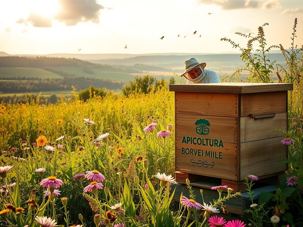 A lush, verdant meadow filled with vibrant wildflowers and buzzing honeybees. In the foreground, a rustic wooden beehive emblazoned with the logo "APICOLTURA BORVEI MIELE" stands amidst the blooming flora. Warm, golden sunlight filters through wispy clouds, casting a soft, natural glow over the scene. In the middle ground, a skilled beekeeper in traditional attire tends to the hive, showcasing the harmony between technology and sustainable agricultural practices. The background features rolling hills and a distant, picturesque Italian countryside, highlighting the integration of technology and traditional methods in the world of apiculture.