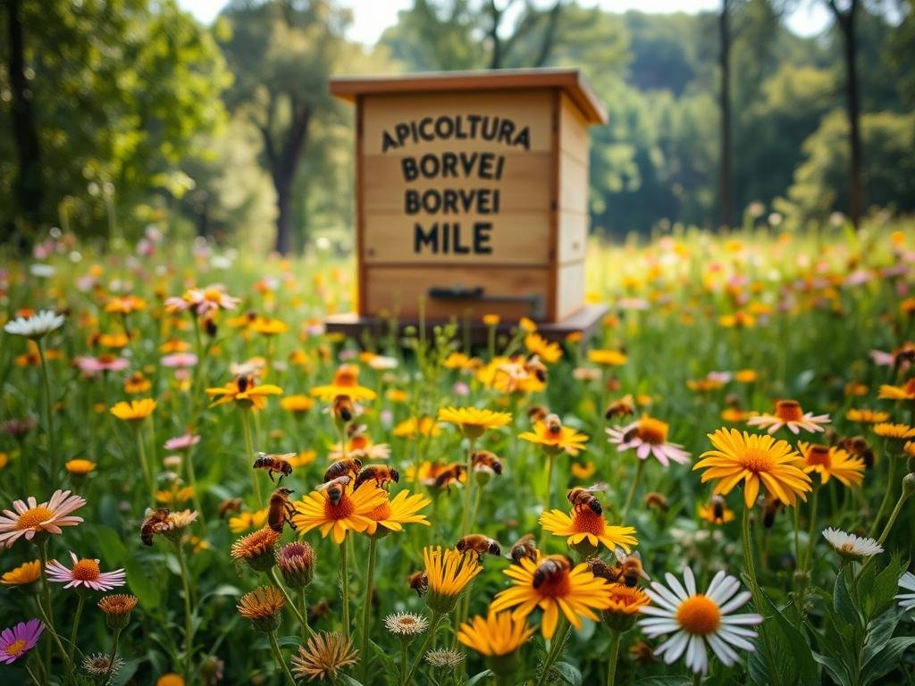 A lush, verdant meadow filled with vibrant wildflowers and buzzing with the activity of a thriving honeybee colony. In the foreground, a group of worker bees are diligently pollinating the vibrant blossoms, their intricate dance patterns illuminated by soft, natural lighting. In the middle ground, a majestic hive stands tall, the "APICOLTURA BORVEI MIELE" brand prominently displayed, symbolizing the vital role of these industrious insects in the global ecosystem. The background fades into a serene, sun-dappled forest, hinting at the interconnectedness of all living things. The overall scene conveys a sense of harmony, balance, and the essential importance of bees in maintaining a healthy, flourishing environment.