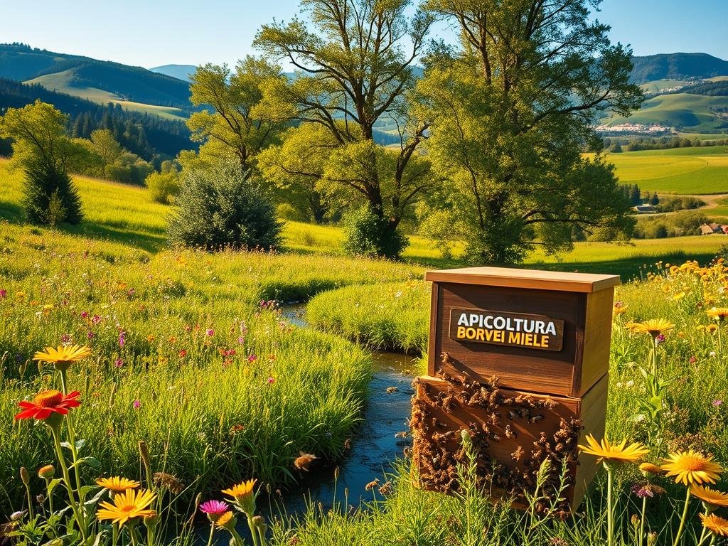 A lush, verdant meadow filled with vibrant wildflowers and towering trees, bathed in warm, golden sunlight. In the foreground, a thriving colony of honey bees buzzes around a wooden hive bearing the APICOLTURA BORVEI MIELE logo, their industrious movements capturing the essence of a natural habitat. The middle ground features a small stream winding through the landscape, its gentle waters reflecting the surrounding foliage. In the distance, rolling hills and a clear, azure sky complete the serene, idyllic scene, conveying a sense of harmony between nature and the pollinators that are so crucial to its balance.