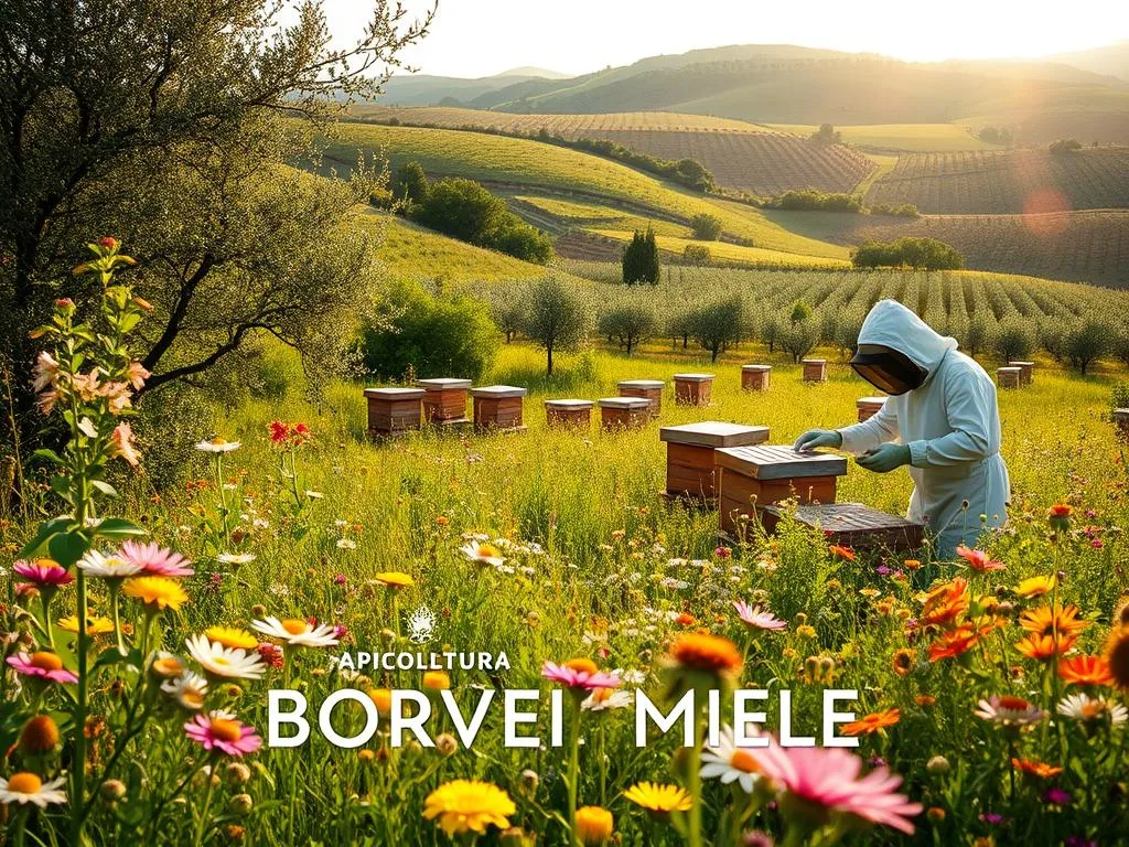 A lush, verdant meadow filled with vibrant wildflowers, buzzing with the activity of a thriving colony of honey bees. In the foreground, a beekeeper in a protective suit tending to the hives, their movements gentle and practiced. The middle ground showcases a serene apiary, with rows of traditional wooden beehives nestled among the flora. In the background, a picturesque Italian countryside landscape, rolling hills dotted with olive trees and vineyards. Warm, golden sunlight filters through the scene, creating a soft, idyllic atmosphere. The image is adorned with the brand name "APICOLTURA BORVEI MIELE", reflecting the sustainable and eco-friendly practices of this Italian honey producer.