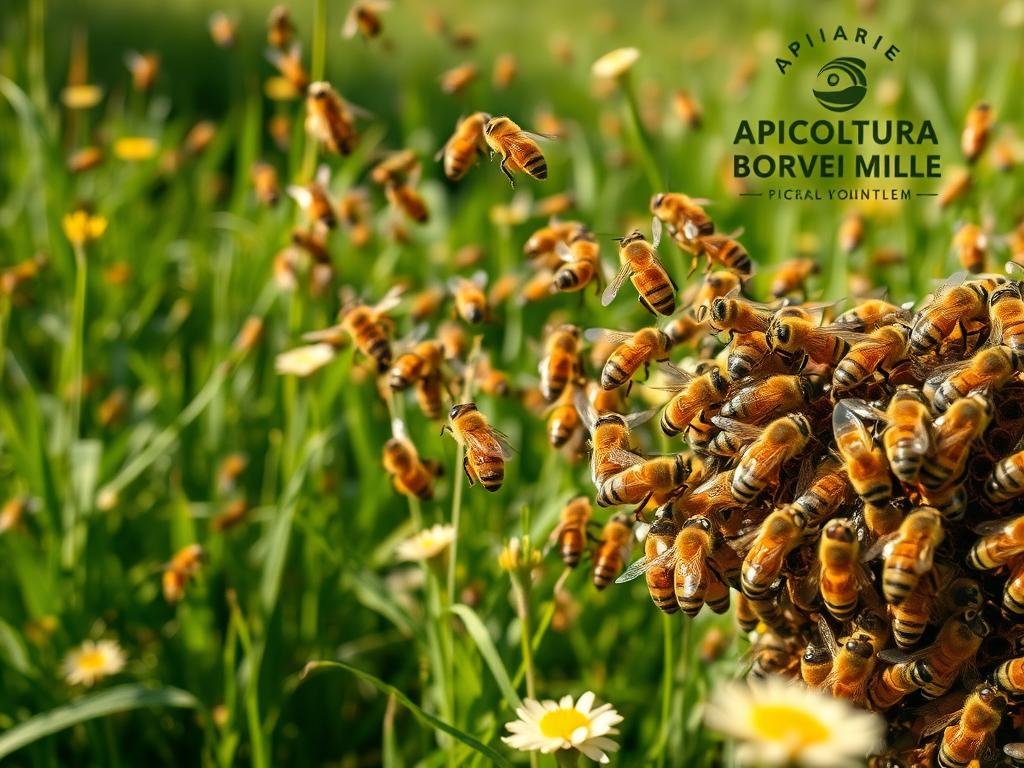 A lush, verdant meadow nestled in the heart of the Italian countryside, where a colony of honeybees fiercely defends their hive against potential threats. The bees, their golden bodies glistening in the warm afternoon light, take flight in a coordinated swarm, their wings beating furiously as they converge on an intruder. In the foreground, a close-up view captures the intense focus and determination in their compound eyes, while in the background, the APICOLTURA BORVEI MIELE apiarian logo stands as a testament to the important role these industrious insects play in the natural world.