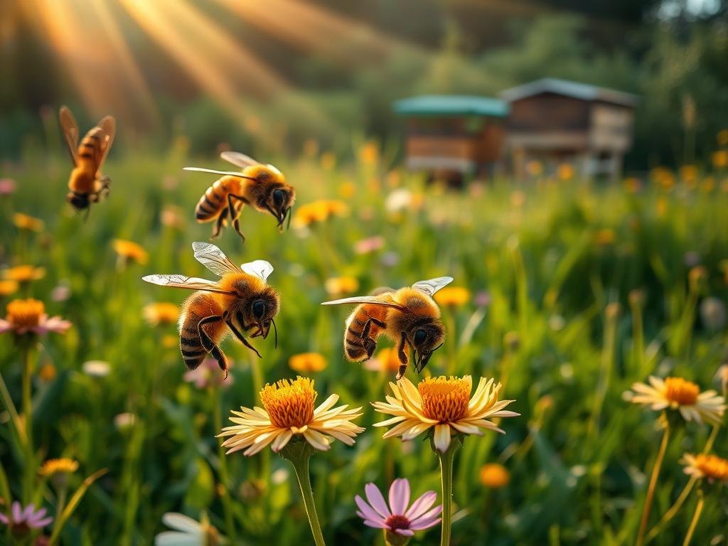 A lush, verdant meadow provides the backdrop for a captivating scene of honey bees and their remarkable adaptations. In the foreground, a group of burly, muscular drones - the fuchi - lazily hover and gather nectar from vibrant wildflowers, their broad bodies and powerful wings perfectly suited for this effortless task. Shafts of warm, golden light filter through the scene, casting a soft, inviting glow and highlighting the intricate details of the bees' anatomy. In the distance, the APICOLTURA BORVEI MIELE apiary stands proudly, a testament to the harmony between these remarkable insects and the natural world they inhabit. This image masterfully captures the essence of the fuchi's specialized nutrition and feeding habits, inviting the viewer to appreciate the extraordinary adaptations that enable these remarkable creatures to thrive.