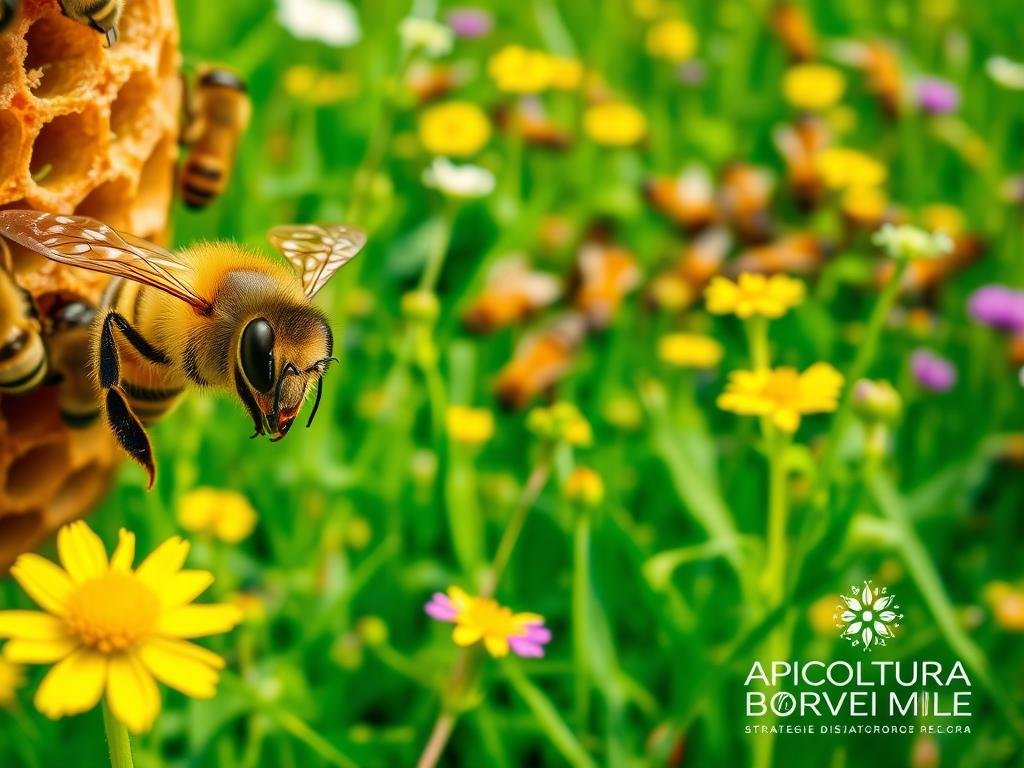 A lush, verdant meadow serves as the backdrop, with a colony of honeybees diligently working among the vibrant wildflowers. In the foreground, a close-up view reveals a single worker bee, its compound eyes and intricate proboscis highlighted by soft, natural lighting. The bee appears focused, its movements delicate yet precise, as it navigates the intricate structures of the hive. In the middle ground, a group of bees can be seen engaged in various tasks, their coordinated efforts a testament to their remarkable problem-solving abilities. The entire scene is infused with a sense of harmony and industriousness, capturing the essence of the "Strategie di Correzione degli Errori nelle Api". The APICOLTURA BORVEI MIELE logo is subtly incorporated into the composition, adding a touch of authenticity to the image.
