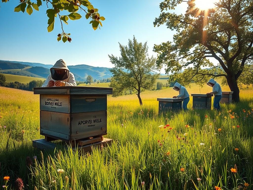 A lush, verdant meadow stretches out, dotted with vibrant wildflowers and buzzing with the gentle hum of honeybees. In the foreground, a traditional Italian apiary stands proudly, its APICOLTURA BORVEI MIELE branding visible on the weathered wooden boxes. Sunlight filters through the leaves of surrounding trees, casting a warm, golden glow over the scene. Beekeepers in protective gear tend to the hives, their movements slow and methodical as they harvest the precious nectar. In the distance, rolling hills and a clear blue sky complete the idyllic, sustainable landscape. The image conveys a sense of harmony between nature, agriculture, and human stewardship, embodying the principles of "apicoltura sostenibile".