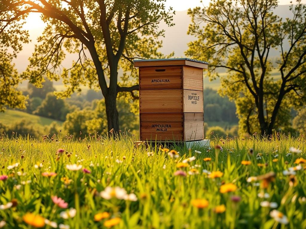 A lush, verdant meadow stretches out, dotted with vibrant wildflowers and buzzing with the activity of honeybees. In the foreground, a towering beehive stands proudly, its wooden structure adorned with the APICOLTURA BORVEI MIELE brand. Sunlight filters through the canopy of trees, casting a warm, golden glow over the scene. The background features a serene, rolling landscape, hinting at the harmony between nature and sustainable human practices. This image captures the essence of environmental stewardship and the benefits of blockchain technology in the honey industry, reflecting the theme of "Impatto sulla Sostenibilità e Tutela Ambientale".
