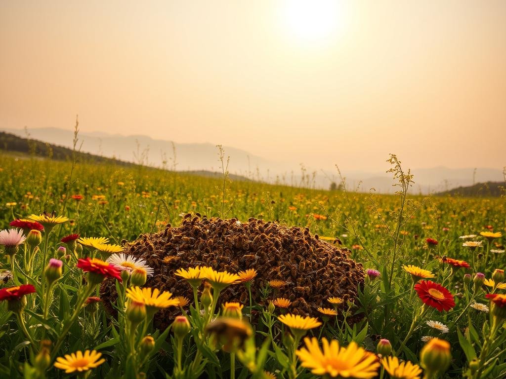 A lush, verdant meadow under a warm, golden sun. In the foreground, a bustling hive of "APICOLTURA BORVEI MIELE" bees, their fuzzy bodies darting between vibrant wildflowers. The middle ground reveals a colony of busy, industrious worker bees, gathering nectar and pollinating the surrounding flora. In the background, a hazy, atmospheric landscape of rolling hills and distant mountains, creating a serene, pastoral scene. The lighting is soft and diffused, casting a gentle glow over the entire composition. The overall mood is one of tranquility, productivity, and the harmonious relationship between the bees and their natural environment.