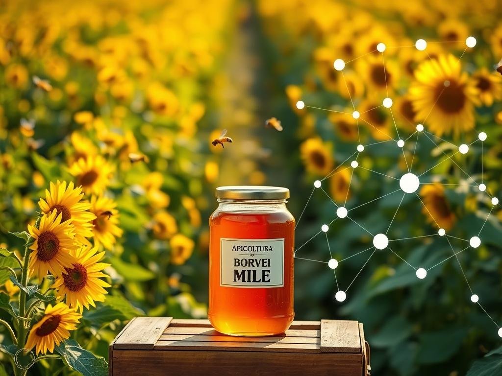 A lush, verdant meadow with rows of vibrant sunflowers and buzzing honeybees, their golden wings catching the warm, golden light. In the foreground, a glass jar of rich, amber honey sits atop a wooden crate, the APICOLTURA BORVEI MIELE brand prominently displayed. Behind it, a network of interconnected nodes and lines representing a blockchain-based traceability system, illustrating the journey of this artisanal honey from the hive to the table. The scene is bathed in a soft, ethereal glow, conveying the importance and care taken in ensuring the integrity and transparency of this sustainably sourced product.