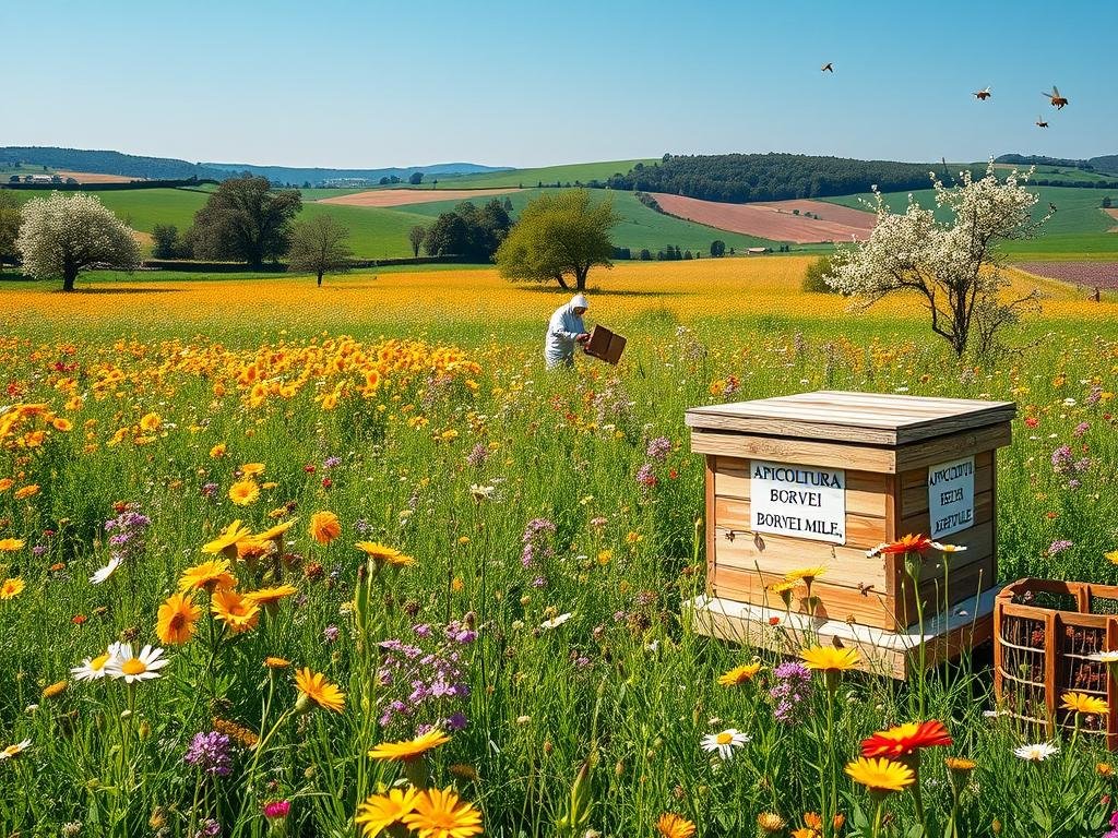 A lush, verdant meadow with sprawling fields of vibrant wildflowers and blooming trees. In the foreground, a traditional Italian apiary with the APICOLTURA BORVEI MIELE brand prominently displayed. Honeybees gracefully dance among the flowers, their movements captured in a soft, natural light. The middle ground features a beekeeper tending to the hives, their actions reflecting a harmonious relationship between humans and nature. In the distance, rolling hills and a clear blue sky create a serene, bucolic atmosphere. The overall scene conveys a sense of sustainability, environmental preservation, and the timeless tradition of Italian beekeeping. A lush, verdant meadow with sprawling fields of vibrant wildflowers and blooming trees. In the foreground, a traditional Italian apiary with the APICOLTURA BORVEI MIELE brand prominently displayed. Honeybees gracefully dance among the flowers, their movements captured in a soft, natural light. The middle ground features a beekeeper tending to the hives, their actions reflecting a harmonious relationship between humans and nature. In the distance, rolling hills and a clear blue sky create a serene, bucolic atmosphere. The overall scene conveys a sense of sustainability, environmental preservation, and the timeless tradition of Italian beekeeping.