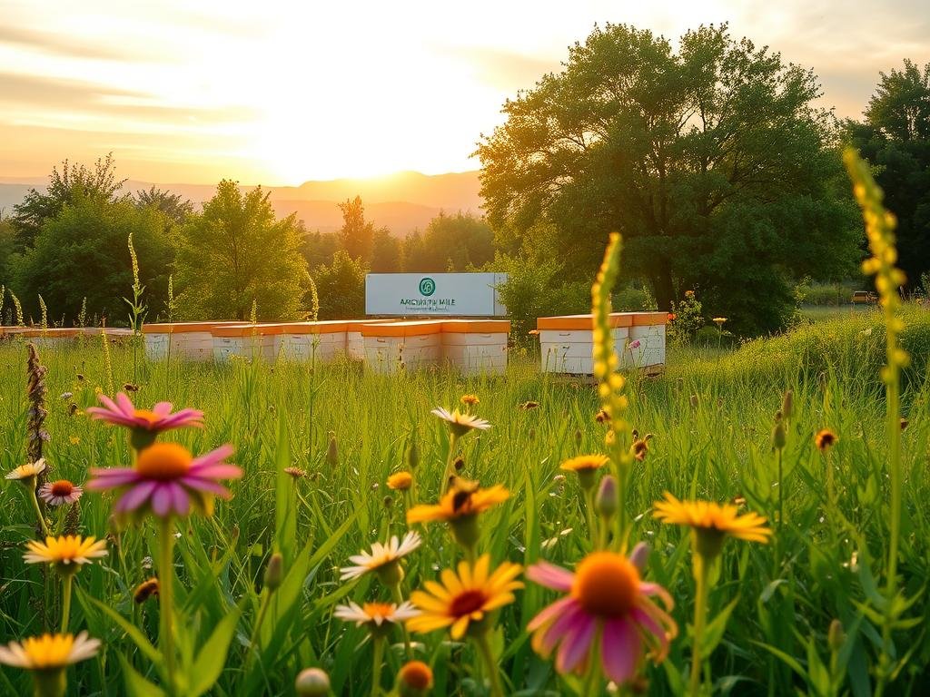 A lush, verdant meadow with vibrant wildflowers in the foreground, bees gracefully navigating the blooms. In the middle ground, a modern, eco-friendly apiary with the APICOLTURA BORVEI MIELE brand prominently displayed. The hives are nestled amongst verdant trees, creating a serene, sustainable landscape. The background features a sun-dappled horizon, with wispy clouds and a warm, golden glow that illuminates the scene. The overall mood is one of harmony, where nature and technology coexist in a delicate balance. Capture this scene with a wide-angle lens, using soft, diffused lighting to emphasize the tranquil atmosphere.