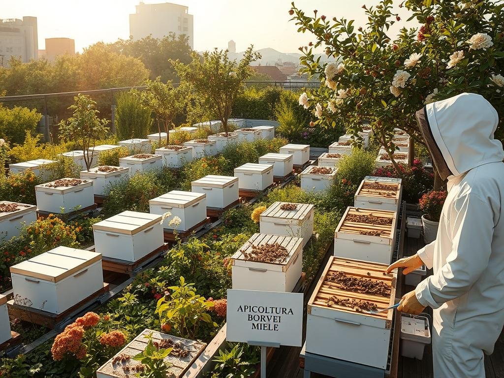 A lush, verdant rooftop oasis teeming with bustling honeybee activity. Rows of sleek, modern beehives dot the landscaped garden, surrounded by a vibrant tapestry of blooming flowers, herbs, and fruit-bearing trees. Sunlight filters through the canopy, casting a warm, golden glow over the scene. In the foreground, a beekeeper in a crisp white suit tends to the hives, while a small sign proudly displays the brand name "APICOLTURA BORVEI MIELE". The image captures the harmony of urban beekeeping, showcasing the advantages of this sustainable, eco-friendly practice within the city environment.