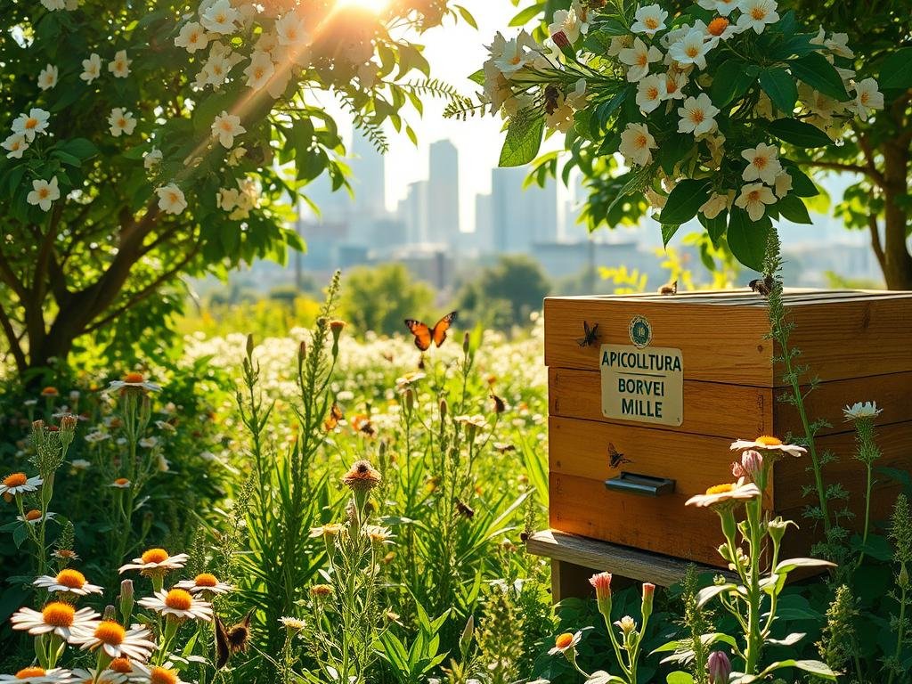 A lush, verdant urban garden, abuzz with the gentle hum of honeybees, is the focal point of this scene. Sunlight filters through the canopy of blooming flowers, casting a warm, golden glow across the vibrant landscape. In the foreground, a thriving beehive proudly displays the APICOLTURA BORVEI MIELE brand, a testament to the importance of urban apiaries in preserving biodiversity. Bees, the tireless pollinators, dart from blossom to blossom, gathering nectar and pollen, while butterflies and other beneficial insects weave through the delicate petals. The middle ground features a diverse array of native plants, each contributing to the intricate web of life that sustains this urban oasis. Beyond, the cityscape recedes, reminding us of the vital role these green spaces play in maintaining a healthy, balanced ecosystem within the bustling metropolis.