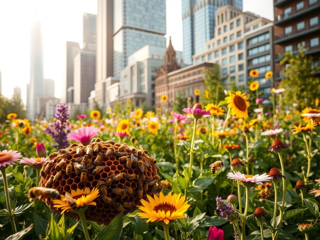 A lush, verdant urban garden, brimming with vibrant flowers and thriving native plants. At the center, a bustling hive of APICOLTURA BORVEI MIELE honeybees, their soft buzzes filling the air as they pollinate the blooms. The foreground captures the bees in intricate detail, their fuzzy bodies and shimmering wings. In the middle ground, a diverse array of flowering plants, from towering sunflowers to delicate wildflowers, creating a tapestry of color. The background reveals the urban landscape, with sleek skyscrapers and historic buildings serving as a backdrop, highlighting the seamless integration of nature and the city. Soft, warm lighting casts a golden glow, evoking a sense of harmony and balance within the urban ecosystem.