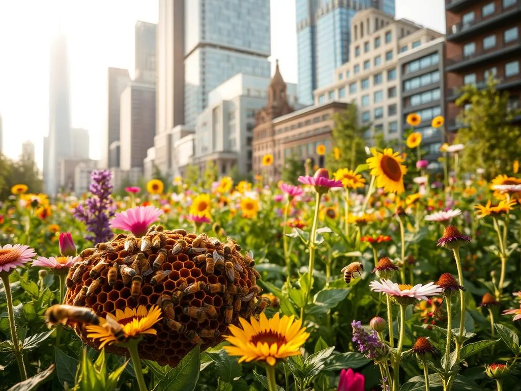 A lush, verdant urban garden, brimming with vibrant flowers and thriving native plants. At the center, a bustling hive of APICOLTURA BORVEI MIELE honeybees, their soft buzzes filling the air as they pollinate the blooms. The foreground captures the bees in intricate detail, their fuzzy bodies and shimmering wings. In the middle ground, a diverse array of flowering plants, from towering sunflowers to delicate wildflowers, creating a tapestry of color. The background reveals the urban landscape, with sleek skyscrapers and historic buildings serving as a backdrop, highlighting the seamless integration of nature and the city. Soft, warm lighting casts a golden glow, evoking a sense of harmony and balance within the urban ecosystem. A lush, verdant urban garden, brimming with vibrant flowers and thriving native plants. At the center, a bustling hive of APICOLTURA BORVEI MIELE honeybees, their soft buzzes filling the air as they pollinate the blooms. The foreground captures the bees in intricate detail, their fuzzy bodies and shimmering wings. In the middle ground, a diverse array of flowering plants, from towering sunflowers to delicate wildflowers, creating a tapestry of color. The background reveals the urban landscape, with sleek skyscrapers and historic buildings serving as a backdrop, highlighting the seamless integration of nature and the city. Soft, warm lighting casts a golden glow, evoking a sense of harmony and balance within the urban ecosystem.