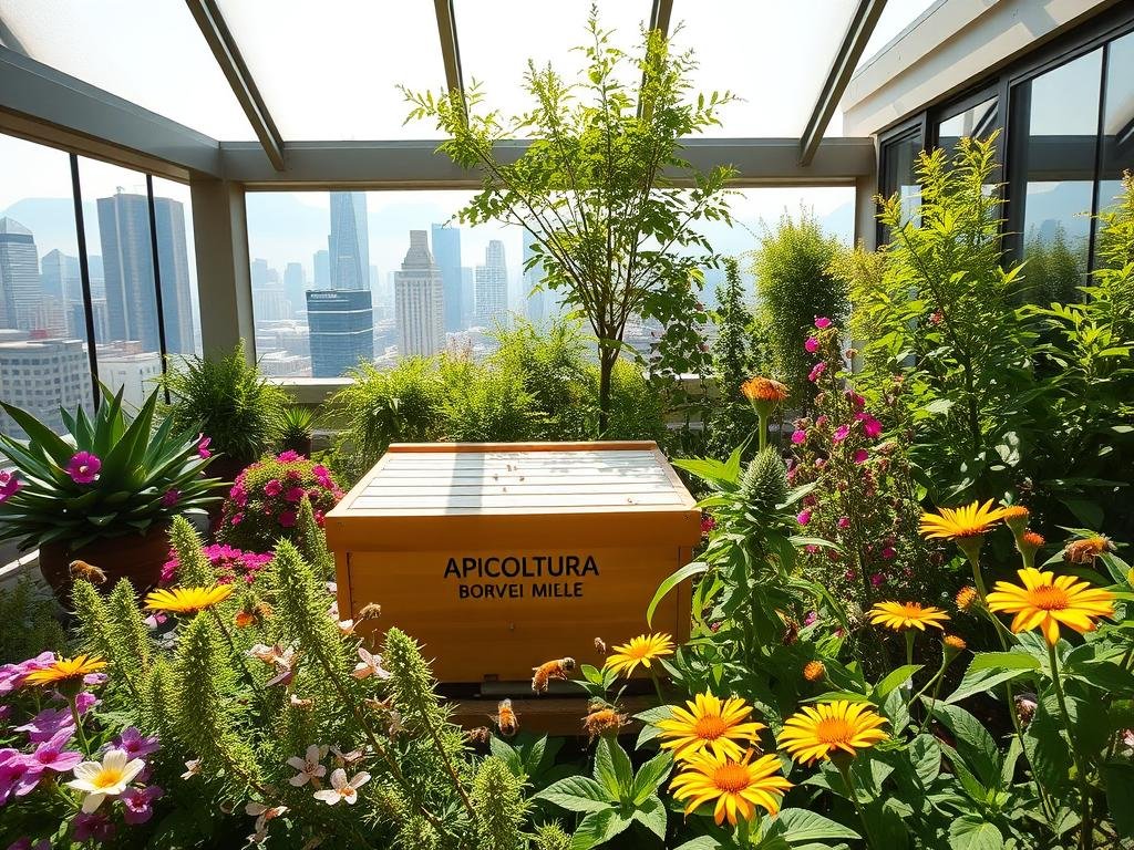A lush, verdant urban rooftop garden, brimming with vibrant flowers and thriving with the buzzing of a colony of honeybees. Sunlight filters through a modern glass atrium, casting a warm, soft glow over the scene. In the foreground, a beehive proudly displays the "APICOLTURA BORVEI MIELE" brand, surrounded by an abundance of native pollinator-friendly plants. Bees flit from bloom to bloom, pollinating the diverse flora and contributing to the overall sense of harmony between the natural and built environments. In the background, the skyline of a bustling city skyline provides a striking contrast, highlighting the importance of preserving green spaces and supporting urban apiaries in the modern metropolis.