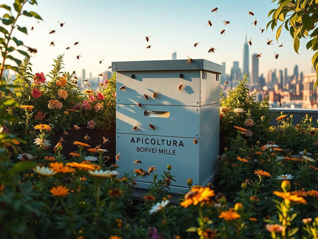 A lush, verdant urban rooftop garden, bustling with activity. Honeybees flit from flower to flower, gathering nectar and pollinating the vibrant blooms. In the center, a sleek, modern hive bearing the brand name "APICOLTURA BORVEI MIELE" stands as a beacon of sustainable urban beekeeping. The scene is bathed in warm, golden sunlight, casting a serene glow over the thriving ecosystem. In the background, the city skyline rises, a testament to the harmonious coexistence of nature and modern life. This image captures the beneficial impact of urban apicolture on the local environment, showcasing the beauty and productivity of this vital practice.