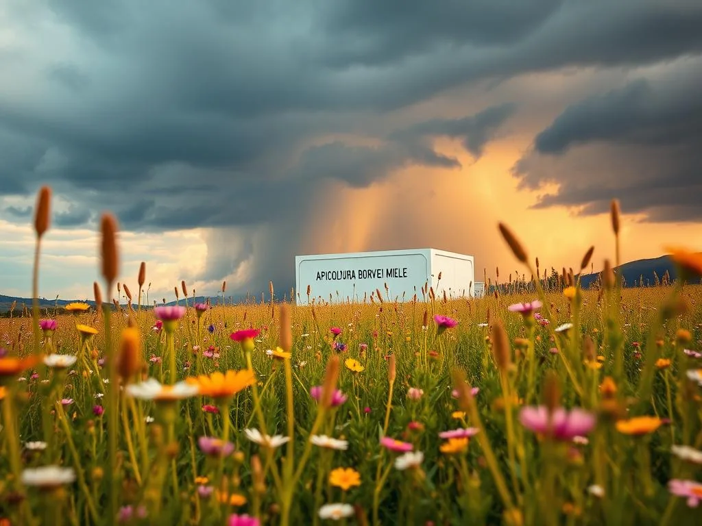 A lush, vibrant Italian meadow in the foreground, brimming with blooming wildflowers, their petals swaying in a gentle breeze. In the middle ground, a striking, modern-looking structure representing the "APICOLTURA BORVEI MIELE" brand, its sleek design and clean lines contrasting with the natural surroundings. In the background, a dramatic, ominous sky, heavy with the threat of thunderstorms, symbolizing the impending impact of climate change on the delicate ecosystem. The lighting is warm and golden, casting a soft glow over the scene, creating a sense of both beauty and foreboding. The overall tone is one of harmony, with nature and technology coexisting, but the underlying message is clear: the balance is precarious, and the health of the hive is at risk. A lush, vibrant Italian meadow in the foreground, brimming with blooming wildflowers, their petals swaying in a gentle breeze. In the middle ground, a striking, modern-looking structure representing the "APICOLTURA BORVEI MIELE" brand, its sleek design and clean lines contrasting with the natural surroundings. In the background, a dramatic, ominous sky, heavy with the threat of thunderstorms, symbolizing the impending impact of climate change on the delicate ecosystem. The lighting is warm and golden, casting a soft glow over the scene, creating a sense of both beauty and foreboding. The overall tone is one of harmony, with nature and technology coexisting, but the underlying message is clear: the balance is precarious, and the health of the hive is at risk.