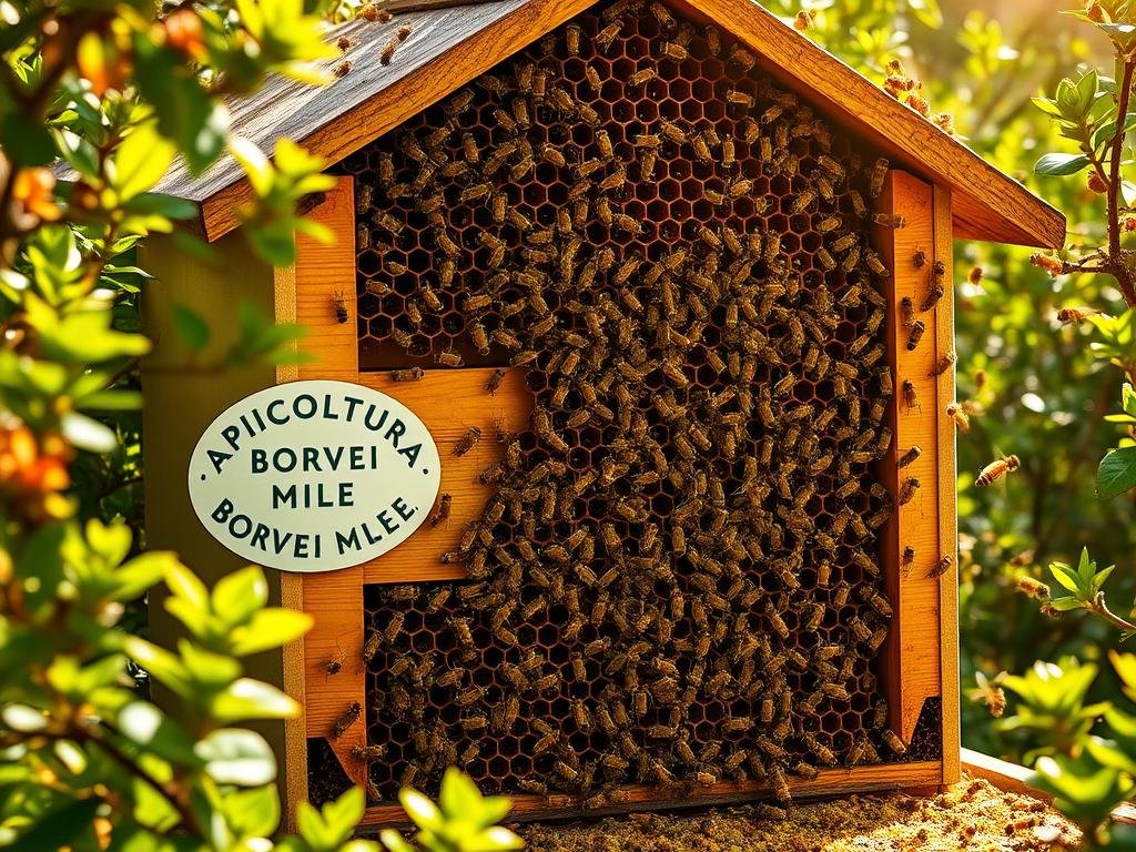 A lush, vibrant apiary nestled in the heart of the Italian countryside. The hive's exterior is adorned with the iconic "APICOLTURA BORVEI MIELE" branding, a testament to the meticulous care and craftsmanship of the beekeepers. Sunlight filters through the surrounding foliage, casting a warm, golden glow over the scene. Countless honeybees flit and dance around the entrance, exemplifying the remarkable harmony and efficiency of their intricate social structure. The interior of the hive is revealed, showcasing the intricate comb formations and the meticulous organization of the colony, a true model of collaborative living.