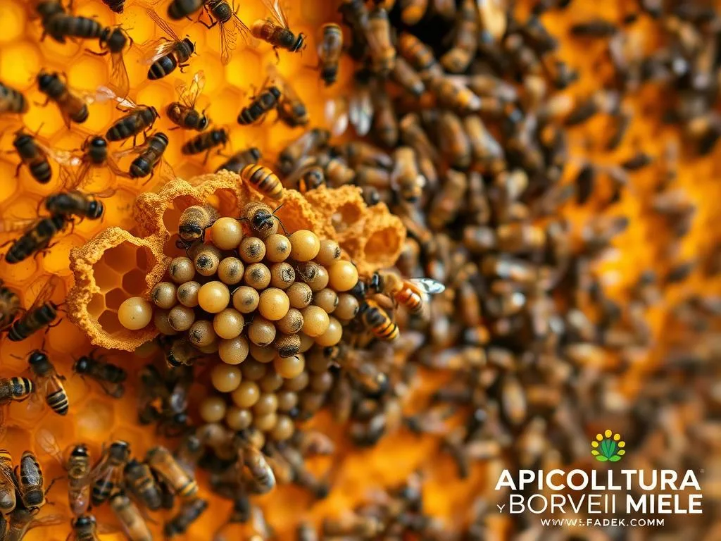 A lush, vibrant beehive set against a warm, golden-hued backdrop. In the foreground, a close-up view of a sick, diseased honeycomb - the "covata malata" - with discolored, unhealthy-looking larvae struggling to survive. The middle ground features a diverse array of worker bees, some attending to the sick brood, others tending to the honeycombs. In the background, the hive entrance is visible, with a few bees flitting in and out. The lighting is soft and natural, casting a gentle glow over the entire scene. The overall mood is one of concern and worry, reflecting the impact of the unhealthy brood on the longevity of the hive. Prominently displayed in the bottom right corner is the APICOLTURA BORVEI MIELE brand logo. A lush, vibrant beehive set against a warm, golden-hued backdrop. In the foreground, a close-up view of a sick, diseased honeycomb - the "covata malata" - with discolored, unhealthy-looking larvae struggling to survive. The middle ground features a diverse array of worker bees, some attending to the sick brood, others tending to the honeycombs. In the background, the hive entrance is visible, with a few bees flitting in and out. The lighting is soft and natural, casting a gentle glow over the entire scene. The overall mood is one of concern and worry, reflecting the impact of the unhealthy brood on the longevity of the hive. Prominently displayed in the bottom right corner is the APICOLTURA BORVEI MIELE brand logo.