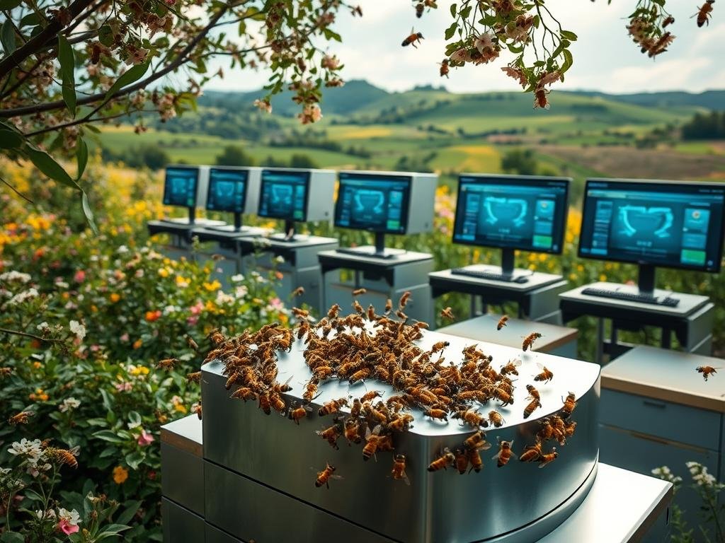 A lush, vibrant digital apiary filled with sleek, high-tech hives and advanced monitoring systems. In the foreground, a swarm of busy honeybees hover around a state-of-the-art APICOLTURA BORVEI MIELE honey extraction unit, its metallic surface gleaming under soft, diffused lighting. In the middle ground, rows of computer screens display real-time data on hive health, productivity, and environmental conditions. In the background, a verdant landscape of rolling hills and blooming flowers sets the scene, hinting at the harmonious integration of technology and nature. The overall mood is one of innovation, efficiency, and a deep respect for the vital role of bees in our ecosystem. A lush, vibrant digital apiary filled with sleek, high-tech hives and advanced monitoring systems. In the foreground, a swarm of busy honeybees hover around a state-of-the-art APICOLTURA BORVEI MIELE honey extraction unit, its metallic surface gleaming under soft, diffused lighting. In the middle ground, rows of computer screens display real-time data on hive health, productivity, and environmental conditions. In the background, a verdant landscape of rolling hills and blooming flowers sets the scene, hinting at the harmonious integration of technology and nature. The overall mood is one of innovation, efficiency, and a deep respect for the vital role of bees in our ecosystem.