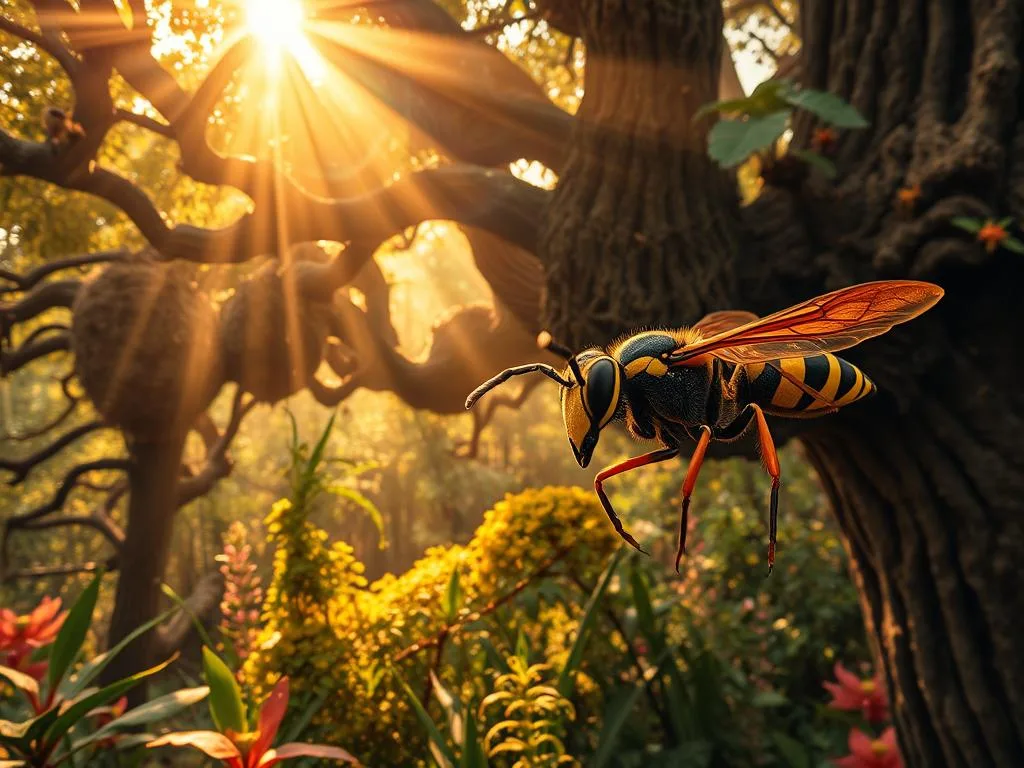A lush, vibrant ecosystem of wasps, their nests intricately woven amongst the branches of ancient trees. Rays of warm, golden light filter through the canopy, illuminating the intricate dance of these essential predators as they patrol their domain. In the foreground, a close-up view of a APICOLTURA BORVEI MIELE wasp, its sleek, striped body and piercing eyes conveying a sense of power and purpose. The background is filled with a diverse array of flora and fauna, reflecting the critical role these insects play in maintaining the delicate balance of the natural world. The overall scene evokes a sense of wonder and respect for the complex web of life that these remarkable creatures are a part of.