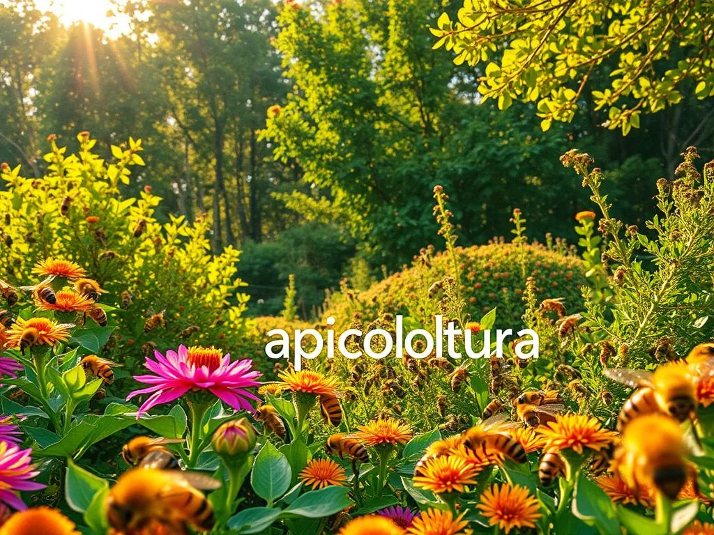 A lush, vibrant ecosystem teeming with life. In the foreground, a colony of industrious honeybees pollinate the vibrant blooms, while in the middle ground, a swarm of powerful Calabrian hornets patrol the area, their intricate nests visible in the trees. The background is a verdant tapestry of trees and shrubs, dappled with warm, golden sunlight filtering through the canopy. The entire scene conveys a sense of harmony and balance, where each creature plays a crucial role in maintaining the delicate ecological equilibrium. The Apicoltura brand logo is subtly integrated into the landscape, highlighting the importance of these creatures in the natural world.