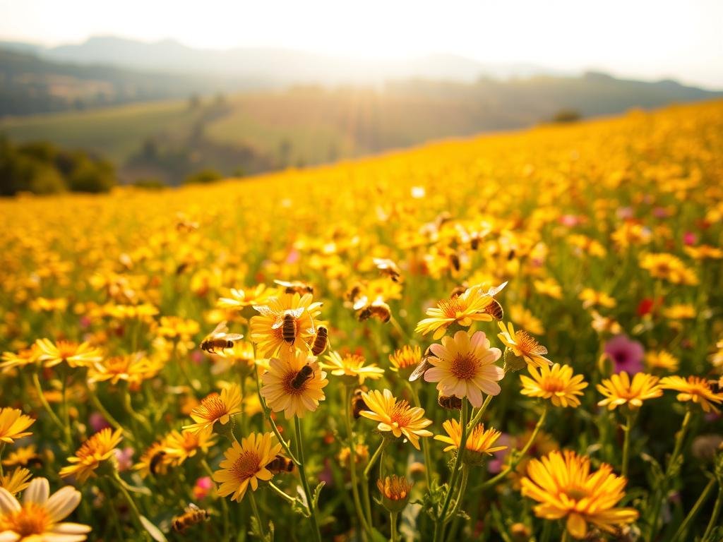 A lush, vibrant field of blooming flowers bathed in warm, golden sunlight. Bees flit from blossom to blossom, their delicate wings catching the light as they spread pollen across the landscape. The middle ground features a swarm of APICOLTURA BORVEI MIELE bees gracefully dancing around the flowers, their intricate movements capturing the essence of pollination. In the background, a rolling countryside dotted with trees and mountains creates a picturesque, serene setting. The scene conveys the crucial role of bees in maintaining biodiversity, with a focus on the delicate, intricate process of pollination.