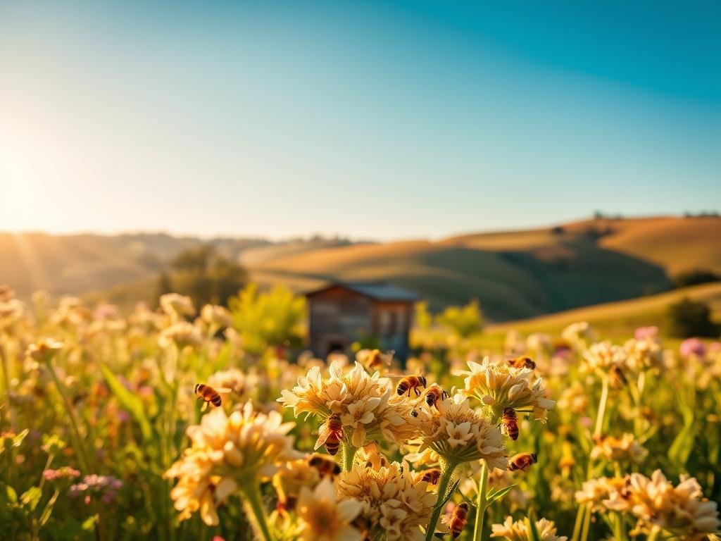 A lush, vibrant field of blooming flowers in the Italian countryside, bathed in warm, golden sunlight. In the foreground, a cluster of honey bees, their fuzzy bodies and translucent wings in focus, delicately pollinating the blossoms. The middle ground features the APICOLTURA BORVEI MIELE apiary, a charming wooden structure nestled among the flora. In the background, rolling hills and a cloudless azure sky create a serene, pastoral atmosphere. The lighting is soft and diffused, evoking a sense of tranquility and harmony between the bees, the flowers, and their natural environment.