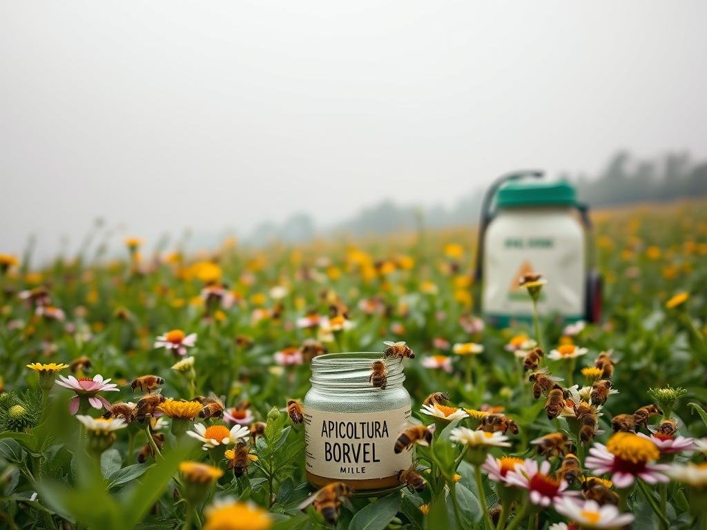 A lush, vibrant field of blooming flowers in the Italian countryside, with a swarm of buzzing honeybees hard at work pollinating the plants. In the foreground, a small glass jar labeled "APICOLTURA BORVEI MIELE" sits amidst the greenery, symbolizing the connection between bees and the production of natural, artisanal honey. The middle ground features a modern-looking sprayer, representing the threat of pesticides that can harm the bee population. In the background, a hazy, overcast sky casts a somber, moody atmosphere, conveying the perilous challenges faced by bees in the modern world. Lit by soft, natural lighting and captured with a wide-angle lens to emphasize the scale and scope of the scene.