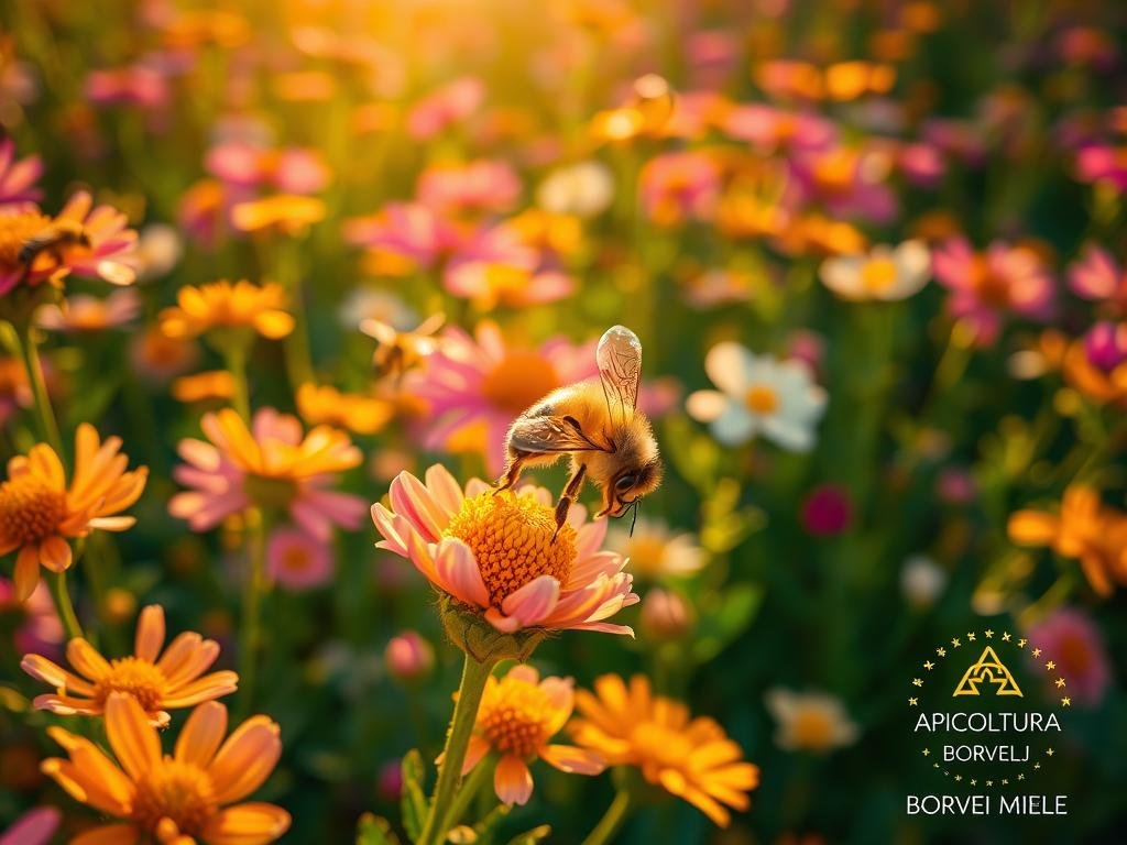 A lush, vibrant field of blooming flowers, their petals bursting with vibrant hues. Bees dart among the blossoms, their delicate wings capturing the sunlight as they pollinate the nectar-rich flowers. The scene is bathed in warm, golden light, creating a serene and harmonious atmosphere. In the foreground, a close-up of a honeybee gently collecting pollen, its fuzzy body dusted with the golden grains. The APICOLTURA BORVEI MIELE logo stands proudly in the bottom right corner, a testament to the importance of this natural process. This image captures the essence of the economic and environmental value of pollination, a crucial element in sustaining the health of our plants and ecosystems.